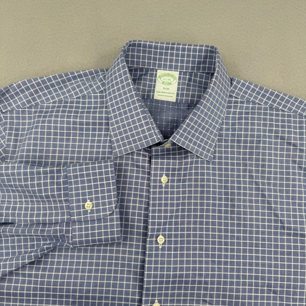 Brooks Brothers Non-Iron Slim Fit Dress Shirt 17-35 Blue/White Checkered